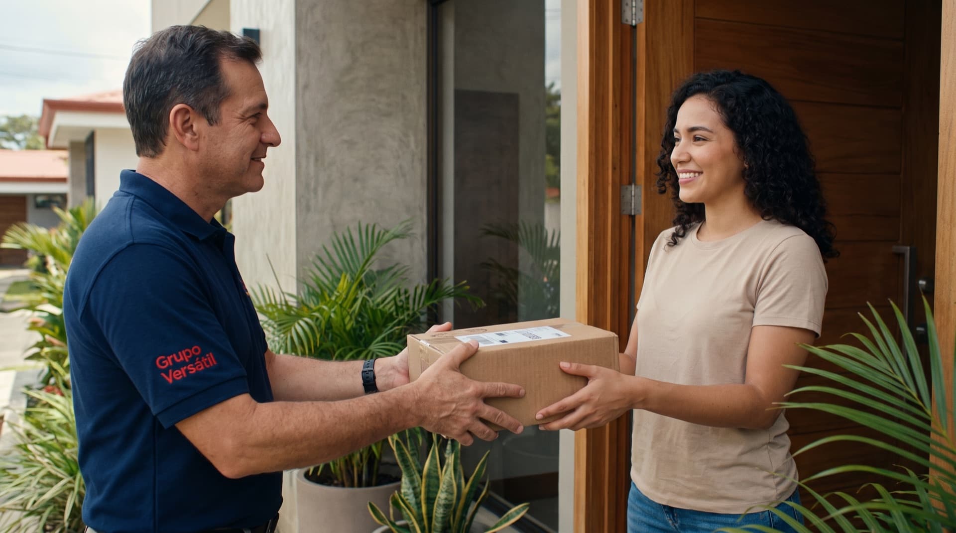Mensajero de Grupo Versátil entregando un paquete en la puerta de una casa