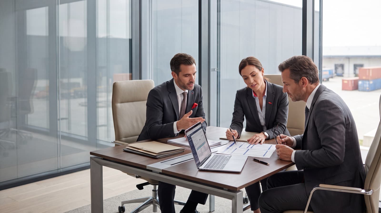 Asesores de Grupo Versátil revisando documentación aduanal con un cliente en oficina