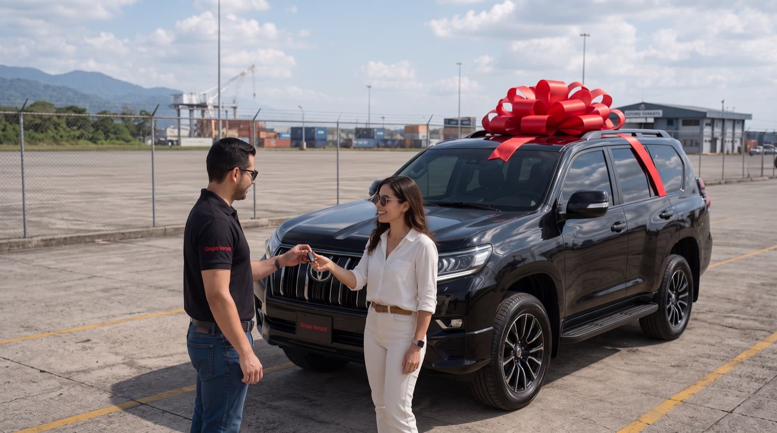 Asesor de Grupo Versátil entregando las llaves de una camioneta importada, con moño rojo, a una clienta